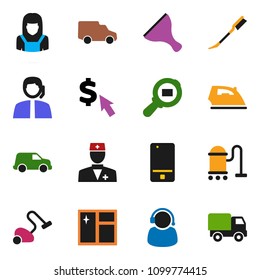 solid vector icon set - scraper vector, vacuum cleaner, car fetlock, window cleaning, iron, woman, dollar cursor, support, cargo search, mobile phone, doctor, delivery