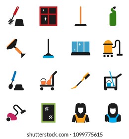 solid vector icon set - scraper vector, cleaner trolley, vacuum, mop, car fetlock, window cleaning, toilet brush, agent, shining, woman