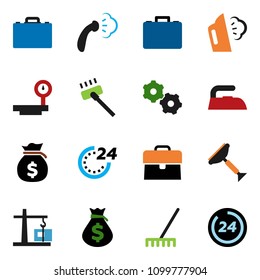 solid vector icon set - scraper vector, vacuum cleaner, rake, iron, steaming, case, money bag, big scales, gear, construction crane, 24 hour