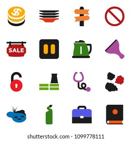 solid vector icon set - scraper vector, cleaning agent, plates, garbage pile, kettle, case, prohibition sign, signpost, pause button, stethoscope, unlock, pond, sale signboard, factory, dollar coin