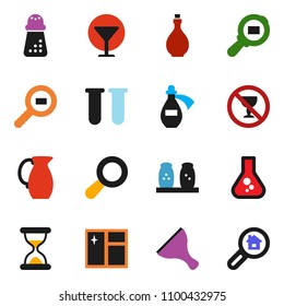 solid vector icon set - scraper vector, window cleaning, oil, hand mill, spices, jug, flask, no alcohol sign, glass, cargo search, vial, sand clock, potion, magnifier, estate