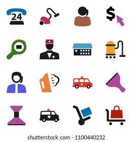 solid vector icon set - scraper vector, vacuum cleaner, car fetlock, steaming, dollar cursor, phone 24, support, cargo search, doctor, hospital building, amkbulance, trolley