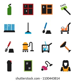 solid vector icon set - scraper vector, cleaner trolley, vacuum, mop, window cleaning, toilet brush, agent, shining, woman