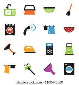solid vector icon set - scraper vector, broom, vacuum cleaner, sponge, iron, steaming, drying clothes, washer, sink, colander, grater