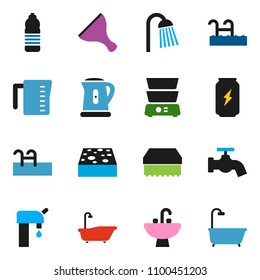 solid vector icon set - scraper vector, sponge, water tap, bath, shower, sink, kettle, measuring cup, double boiler, enegry drink, bottle, pool, supply