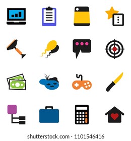 solid vector icon set - scraper vector, knife, cutting board, laptop graph, case, calculator, clipboard, target, money, gamepad, sperm, favorites, message, hierarchy, pond, love home