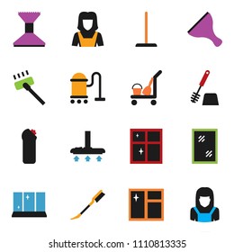 solid vector icon set - scraper vector, cleaner trolley, vacuum, mop, car fetlock, window cleaning, toilet brush, agent, shining, woman