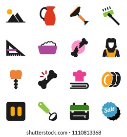 solid vector icon set - scraper vector, vacuum cleaner, foam basin, plates, woman, ladle, cookbook, jug, corner ruler, backpack, pause button, broken bone, tooth implant, mountain, sale
