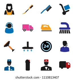 solid vector icon set - scraper vector, vacuum cleaner, fetlock, car, iron, cleaning agent, woman, delivery, doctor, 24 hour, support, trolley