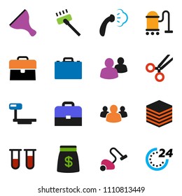 solid vector icon set - scraper vector, vacuum cleaner, steaming, case, big scales, group, vial, scissors, data, money bag, 24 hour