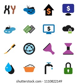 solid vector icon set - scraper vector, water drop, car fetlock, foam basin, dollar growth, monitor, internet, pills blister, chromosomes, cloud lock, pond, supply