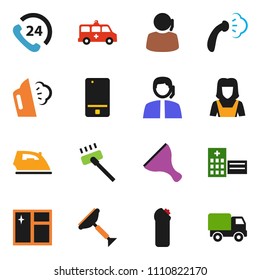 solid vector icon set - scraper vector, vacuum cleaner, window cleaning, iron, steaming, agent, woman, phone 24, support, mobile, hospital building, ambulance car, delivery