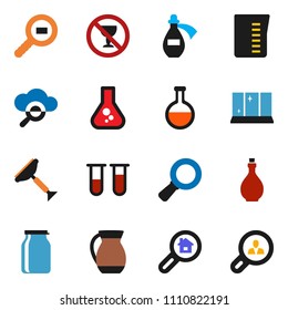 solid vector icon set - scraper vector, shining window, oil, measuring cup, jug, jar, magnifier, flask, no alcohol sign, cargo search, vial, potion, cloud glass, estate, client