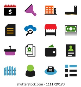 solid vector icon set - scraper vector, corner ruler, document, personal information, dollar calendar, money, weight, cloud glass, fence, estate, apartments, wallet, market, customer, basket, menu