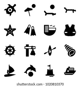 Solid vector icon set - sea turtle, beach vector, lounger, starfish, flippers, hotel, life vest, hand wheel, ship bell, kayak, shell, windsurfing, dolphin, sand castle, cruiser