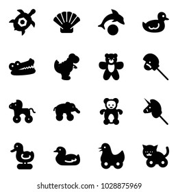Solid vector icon set - sea turtle, shell vector, dolphin, duck toy, crocodile, dinosaur, bear, horse stick, wheel, elephant, unicorn, cat