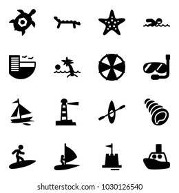 Solid vector icon set - sea turtle, lounger vector, starfish, swimming, hotel, palm, parasol, diving, sail boat, lighthouse, kayak, shell, surfing, windsurfing, sand castle, toy
