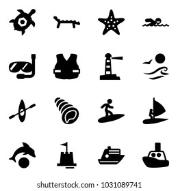 Solid vector icon set - sea turtle, lounger vector, starfish, swimming, diving, life vest, lighthouse, waves, kayak, shell, surfing, windsurfing, dolphin, sand castle, cruiser, toy boat
