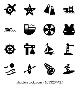 Solid vector icon set - sea turtle, starfish vector, flippers, pool, swimming, hotel, parasol, life vest, hand wheel, ship bell, sail boat, lighthouse, waves, kayak, shell, surfing