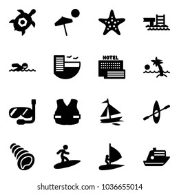Solid vector icon set - sea turtle, beach vector, starfish, pool, swimming, hotel, palm, diving, life vest, sail boat, kayak, shell, surfing, windsurfing, cruiser