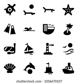 Solid vector icon set - sea turtle, lounger vector, starfish, flippers, swimming, hotel, palm, diving, sail boat, lighthouse, waves, shell, dolphin, sand castle, toy