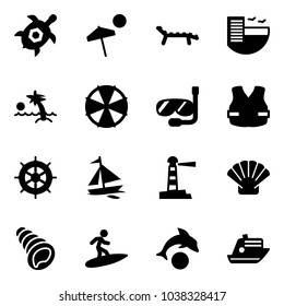 Solid vector icon set - sea turtle, beach vector, lounger, hotel, palm, parasol, diving, life vest, hand wheel, sail boat, lighthouse, shell, surfing, dolphin, cruiser