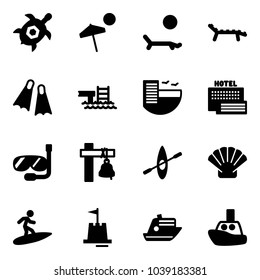 Solid vector icon set - sea turtle, beach vector, lounger, flippers, pool, hotel, diving, ship bell, kayak, shell, surfing, sand castle, cruiser, toy boat