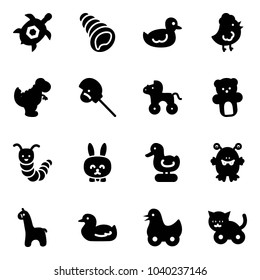 Solid vector icon set - sea turtle, shell vector, duck toy, chicken, dinosaur, horse stick, wheel, bear, caterpillar, rabbit, monster, giraffe, cat