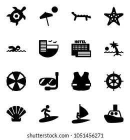 Solid vector icon set - sea turtle, beach vector, lounger, starfish, swimming, hotel, palm, parasol, diving, life vest, hand wheel, shell, surfing, windsurfing, toy boat