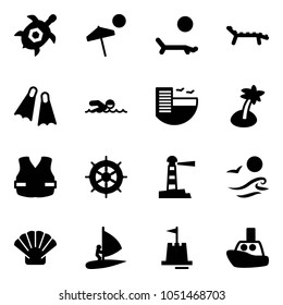 Solid vector icon set - sea turtle, beach vector, lounger, flippers, swimming, hotel, palm, life vest, hand wheel, lighthouse, waves, shell, windsurfing, sand castle, toy boat