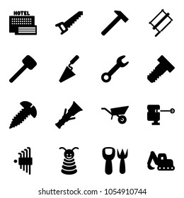 Solid vector icon set - sea hotel vector, saw, hammer, bucksaw, rubber, trowel, wrench, bolt, screw, dowel, wheelbarrow, laser lever, allen key set, pyramid toy, shovel fork, excavator