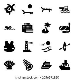 Solid vector icon set - sea turtle, lounger vector, pool, swimming, hotel, palm, diving, life vest, lighthouse, waves, kayak, shell, cruiser, toy boat