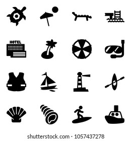 Solid vector icon set - sea turtle, beach vector, lounger, pool, hotel, palm, parasol, diving, life vest, sail boat, lighthouse, kayak, shell, surfing, toy