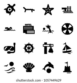 Solid vector icon set - sea turtle, lounger vector, starfish, pool, swimming, hotel, palm, parasol, diving, hand wheel, ship bell, sail boat, waves, shell, dolphin, sand castle