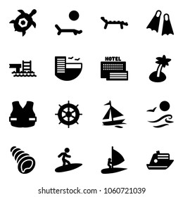 Solid vector icon set - sea turtle, lounger vector, flippers, pool, hotel, palm, life vest, hand wheel, sail boat, waves, shell, surfing, windsurfing, cruiser