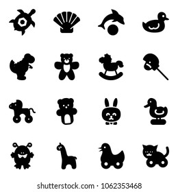 Solid vector icon set - sea turtle, shell vector, dolphin, duck toy, dinosaur, bear, rocking horse, stick, wheel, rabbit, monster, giraffe, cat