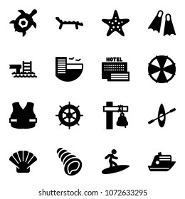 Solid vector icon set - sea turtle, lounger vector, starfish, flippers, pool, hotel, parasol, life vest, hand wheel, ship bell, kayak, shell, surfing, cruiser