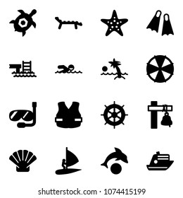 Solid vector icon set - sea turtle, lounger vector, starfish, flippers, pool, swimming, palm, parasol, diving, life vest, hand wheel, ship bell, shell, windsurfing, dolphin, cruiser