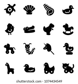 Solid vector icon set - sea turtle, shell vector, duck toy, chicken, crocodile, dinosaur, rocking horse, wheel, caterpillar, unicorn stick, giraffe, cat
