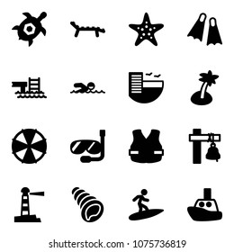 Solid vector icon set - sea turtle, lounger vector, starfish, flippers, pool, swimming, hotel, palm, parasol, diving, life vest, ship bell, lighthouse, shell, surfing, toy boat