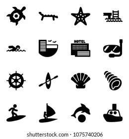 Solid vector icon set - sea turtle, lounger vector, starfish, pool, swimming, hotel, diving, hand wheel, kayak, shell, surfing, windsurfing, dolphin, toy boat