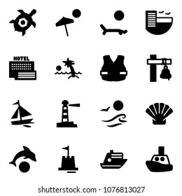 Solid vector icon set - sea turtle, beach vector, lounger, hotel, palm, life vest, ship bell, sail boat, lighthouse, waves, shell, dolphin, sand castle, cruiser, toy