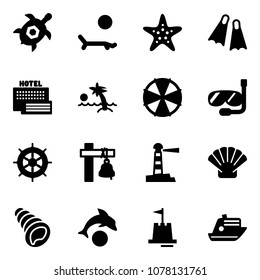 Solid vector icon set - sea turtle, lounger vector, starfish, flippers, hotel, palm, parasol, diving, hand wheel, ship bell, lighthouse, shell, dolphin, sand castle, cruiser