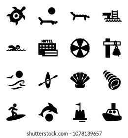 Solid vector icon set - sea turtle, lounger vector, pool, swimming, hotel, parasol, ship bell, waves, kayak, shell, surfing, dolphin, sand castle, toy boat