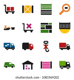 solid vector icon set - sea container vector, delivery, car, port, wood box, consolidated cargo, no trolley, hook, warehouse, search, relocation truck