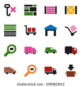solid vector icon set - sea container vector, delivery, car, wood box, consolidated cargo, no hook, warehouse, search, package