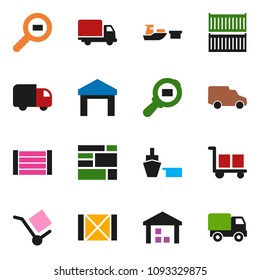 solid vector icon set - sea container vector, delivery, car, port, wood box, consolidated cargo, warehouse, search