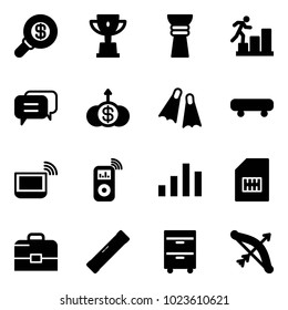 Solid vector icon set - search money vector, win cup, award, career, dialog, dollar growth, flippers, skateboard, notebook wi fi, music player, chart, sim, case, level, tool cabinet, bow