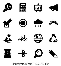 Solid vector icon set - search money vector, calculator, presentation chart, speaker horn, check, sun, rain cloud, rainbow, pyramid, bike, globe, recycling, chip, steel rolling, magnifier