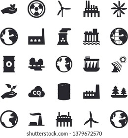 Solid vector icon set - seedlings flat vector, solar battery, windmill, earth, factory, oil tanks, forest, hydroelectric power station, manufactory, plant, radiation, carbon dioxide, nuclear, fector